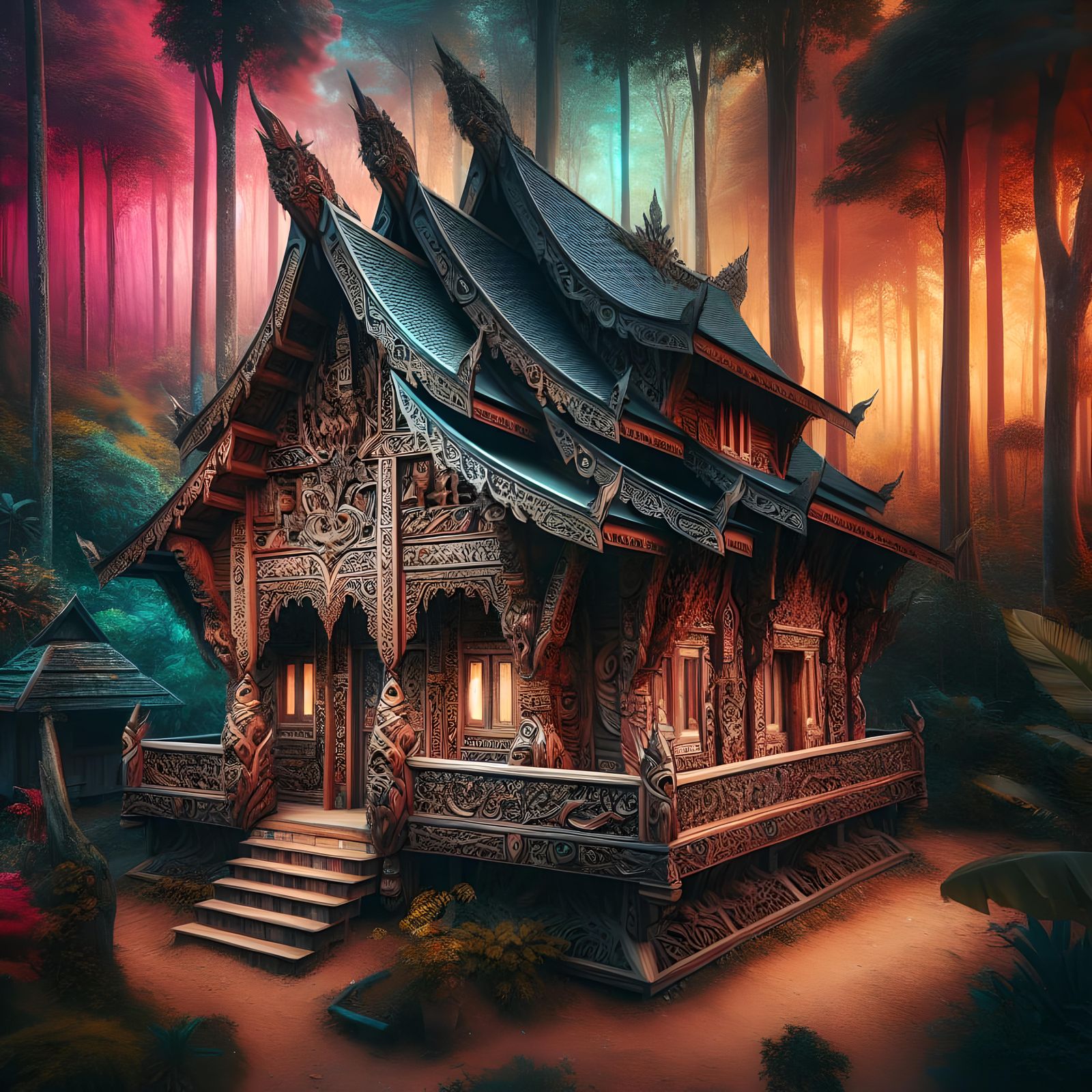 Intricately Carved Wooden House in Forest