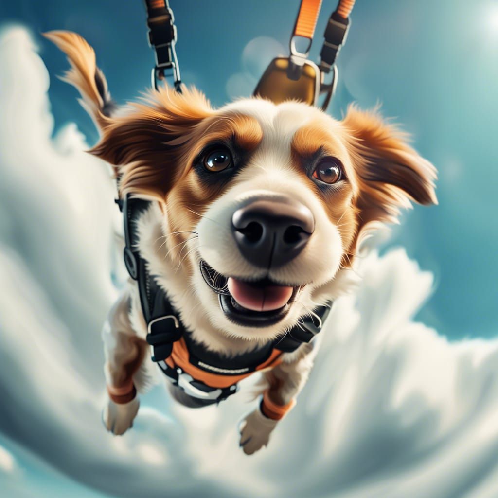 Dog Skydiving with Parachute in Hyperrealistic Detail