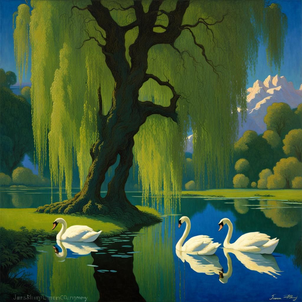 Swans in Pond Under Willow Trees, Golden Age Illustration