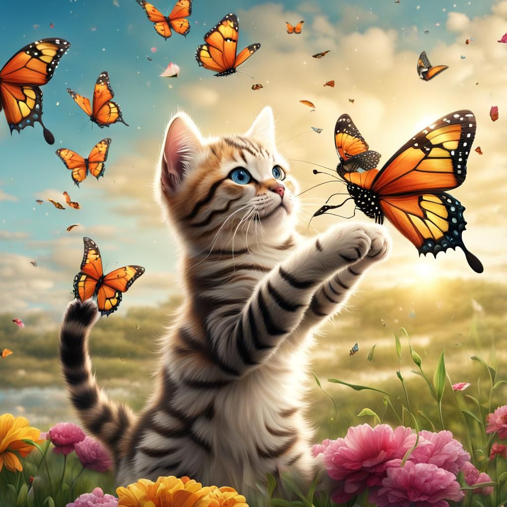 Kitten with Kite and Butterflies Matte Painting