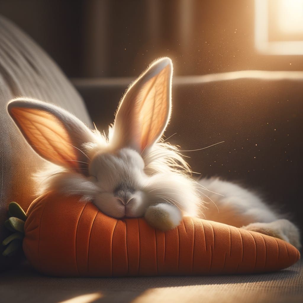 Cute Rabbit Sleeps on Carrot in Golden Morning Light