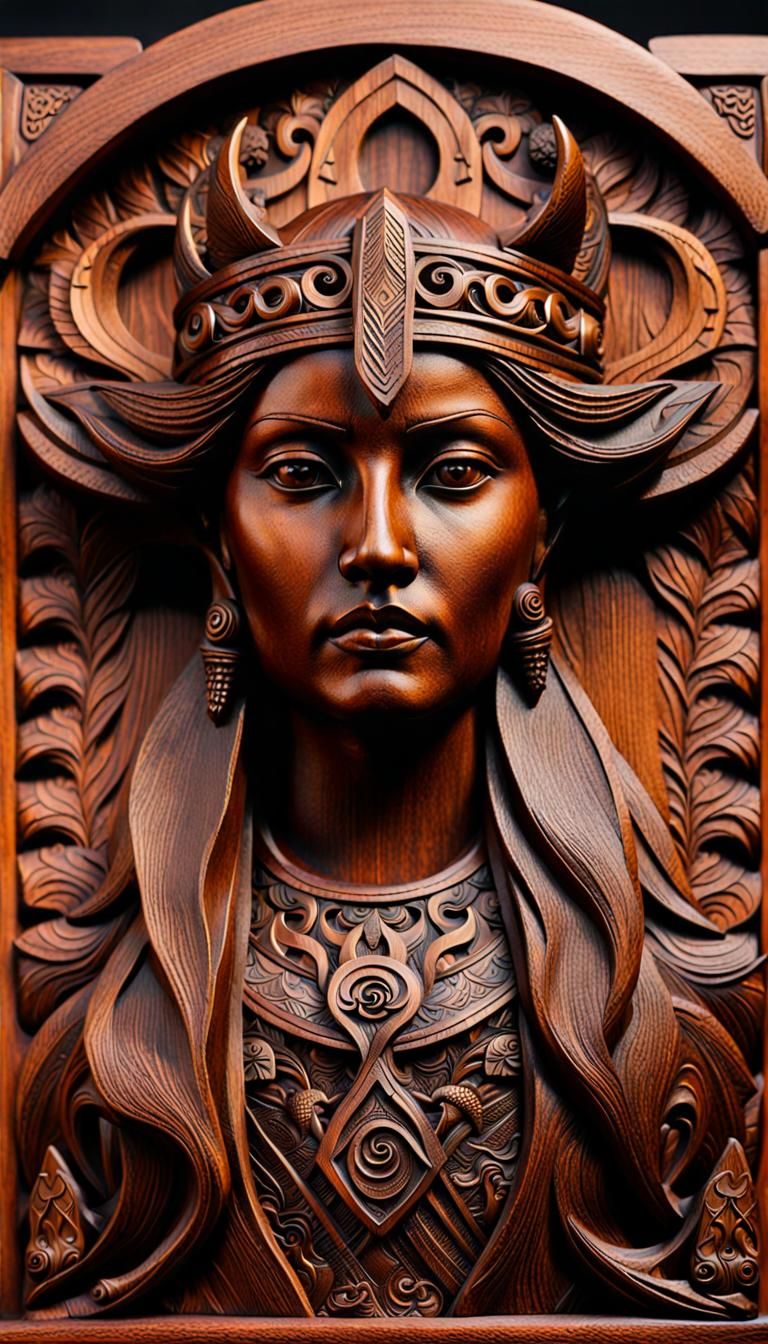 Intricate Norse Wood Carving of Freia