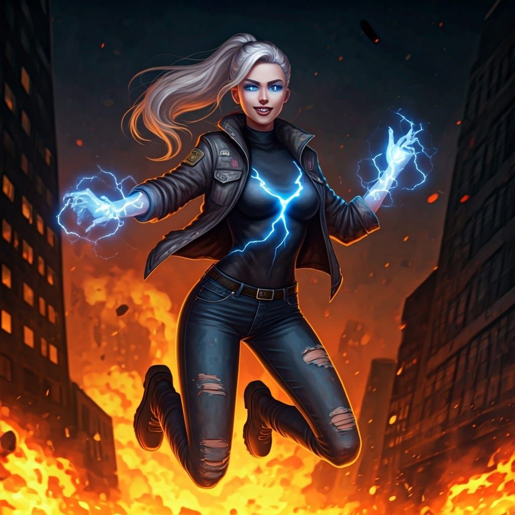 Electric Supervillainess in Burning Cityscape