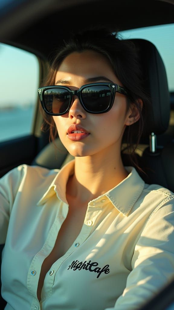 Elegant Woman in Car: Hyperrealistic Cinematic Portrait