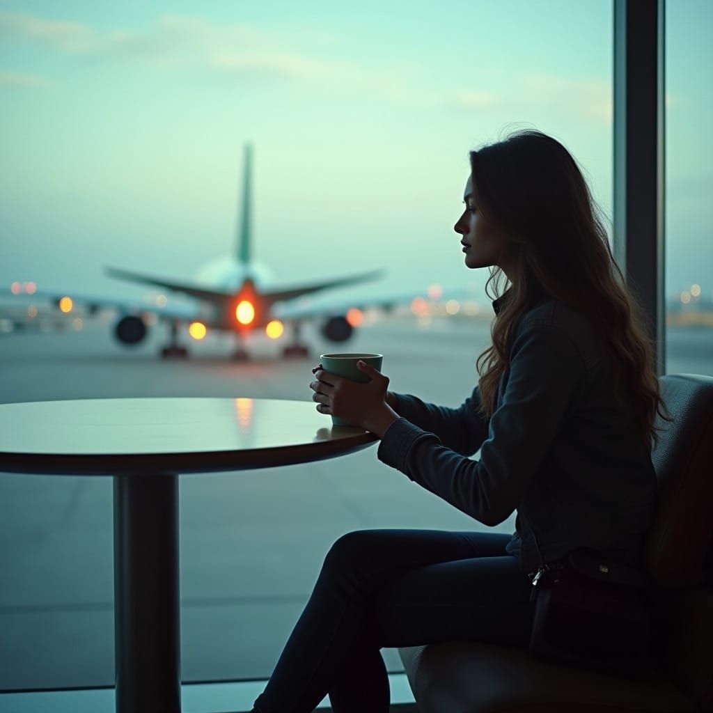 A Woman Watches an Airplane Take Off at the Airport