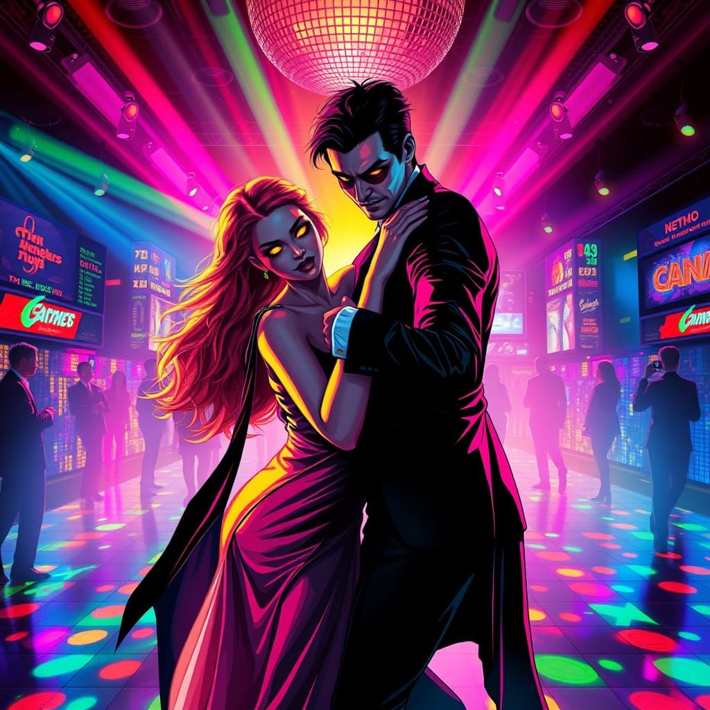 Ethereal Disco Vampires Dance in a Futuristic Cityscape