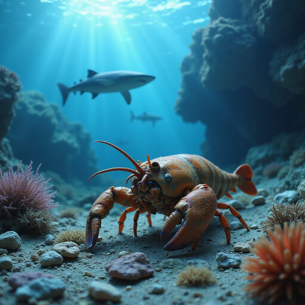 Spiny Lobster and Sharks Undersea in Cinematic Style