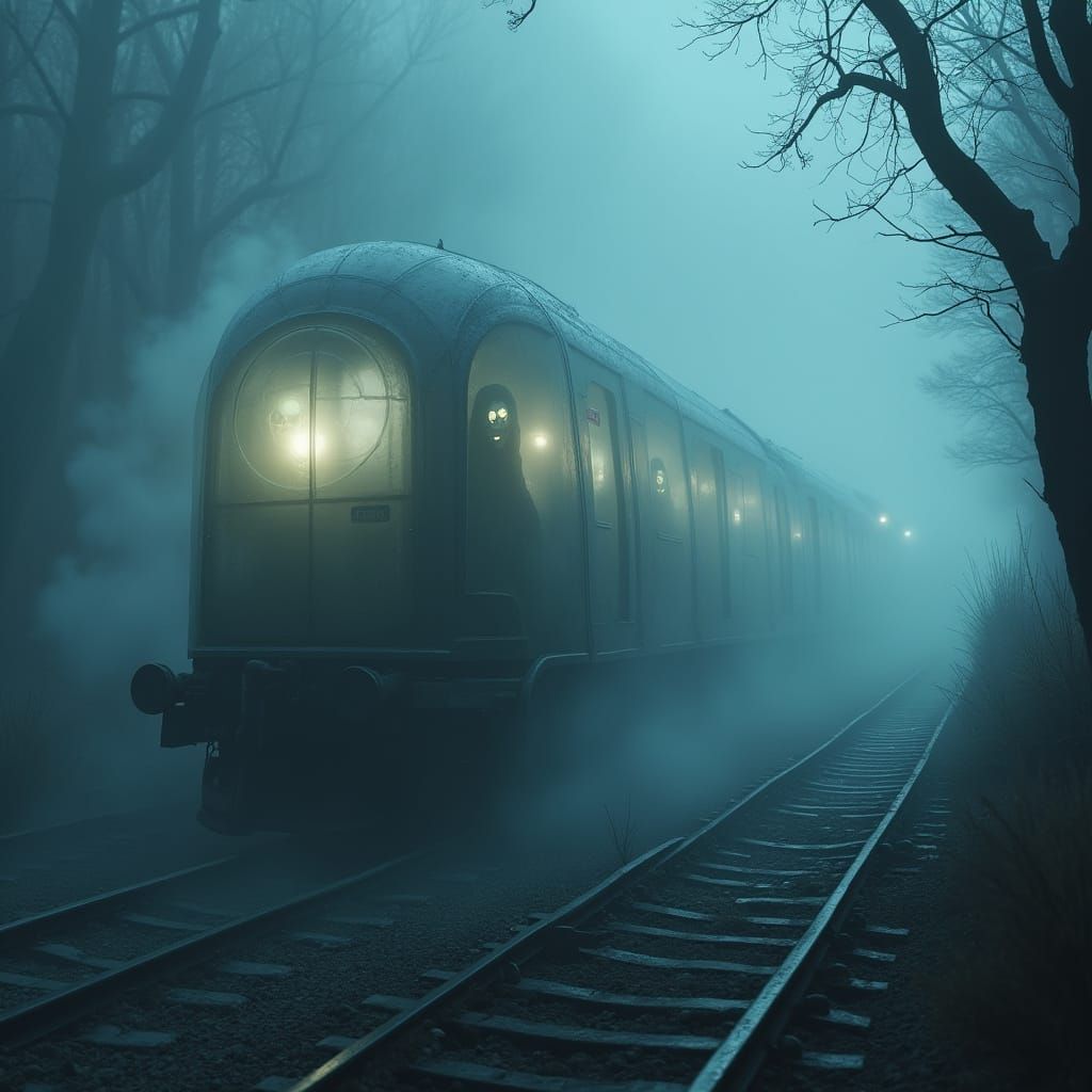 Ghost Train Arrives at Foggy Abandoned Platform in Cinematic...