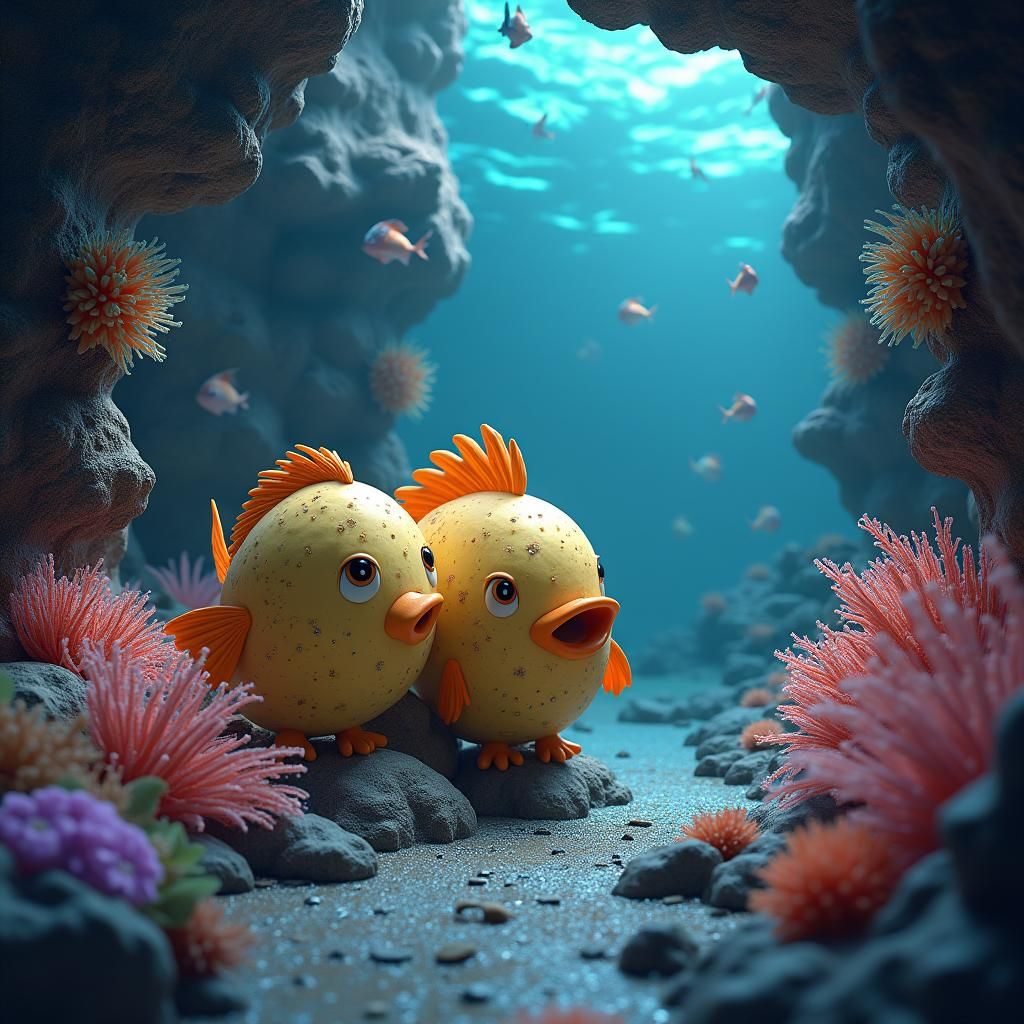 Underwater Potato Fish Home: Bioluminescent Fantasy Art