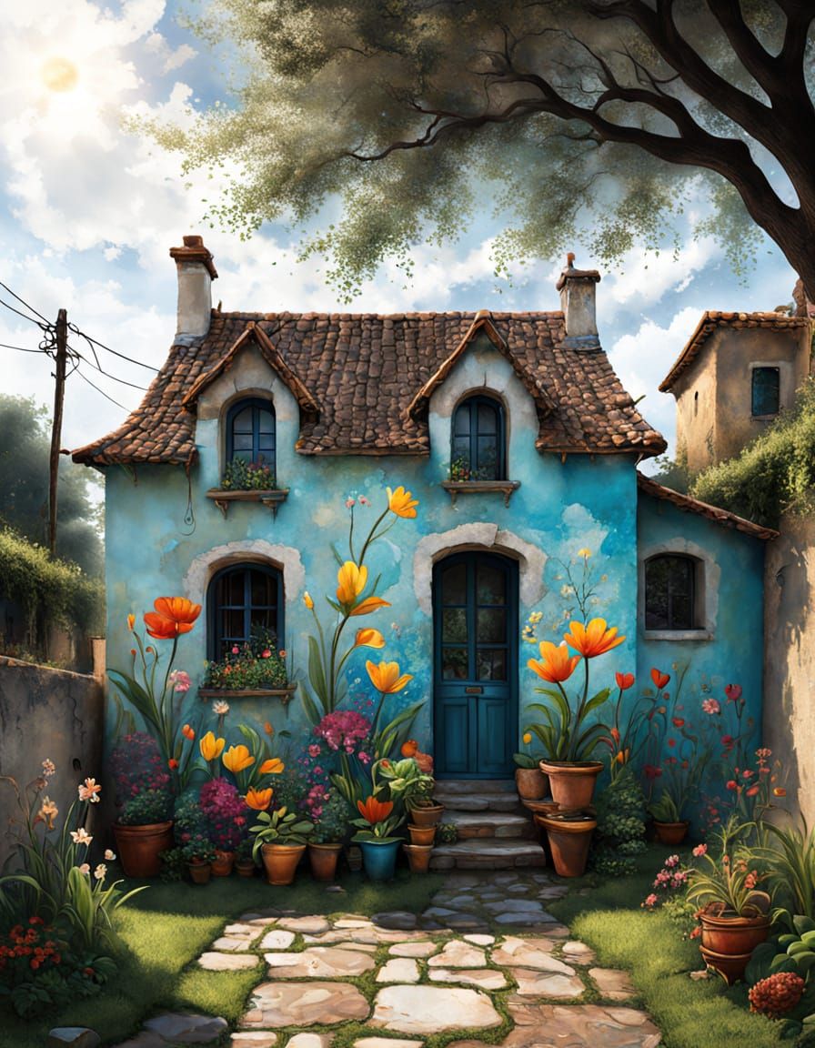 Intricate Old House Surrounded by Flowers and Water in Surre...