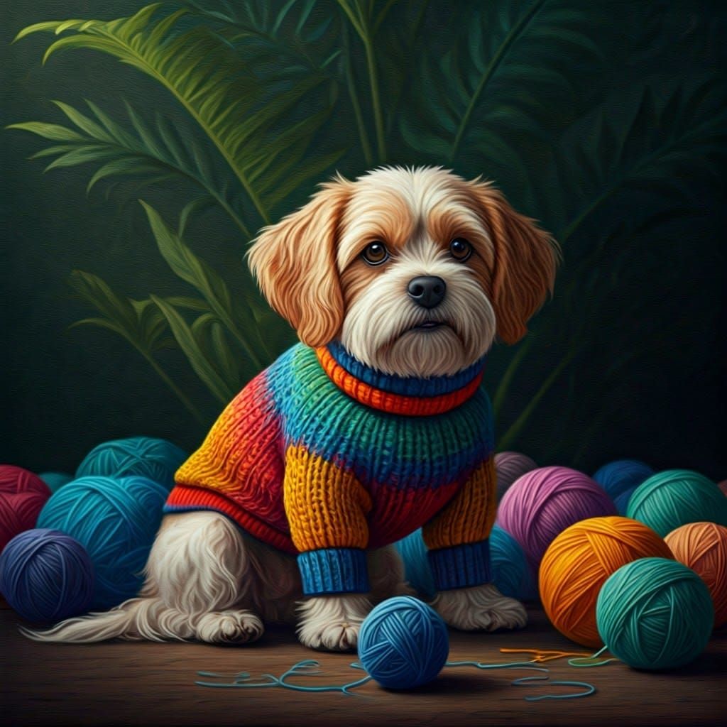 Dog in Knitted Sweater: Hyperrealistic Oil Painting