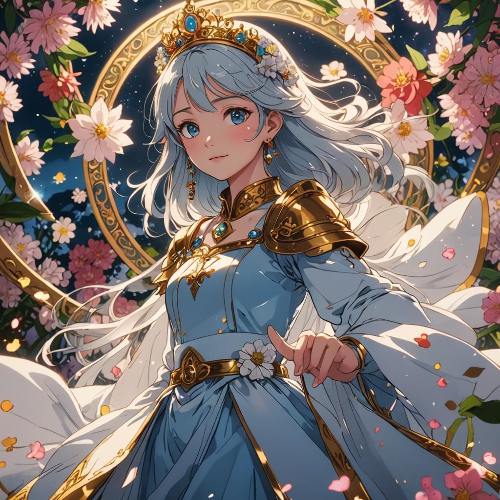 Anime Princess with Sparkling Eyes and Flowers