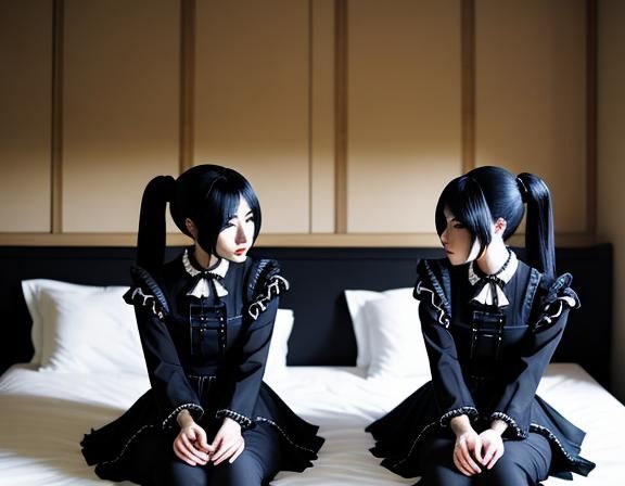 Gothic Twin Kitsunes Kissing in Bedroom