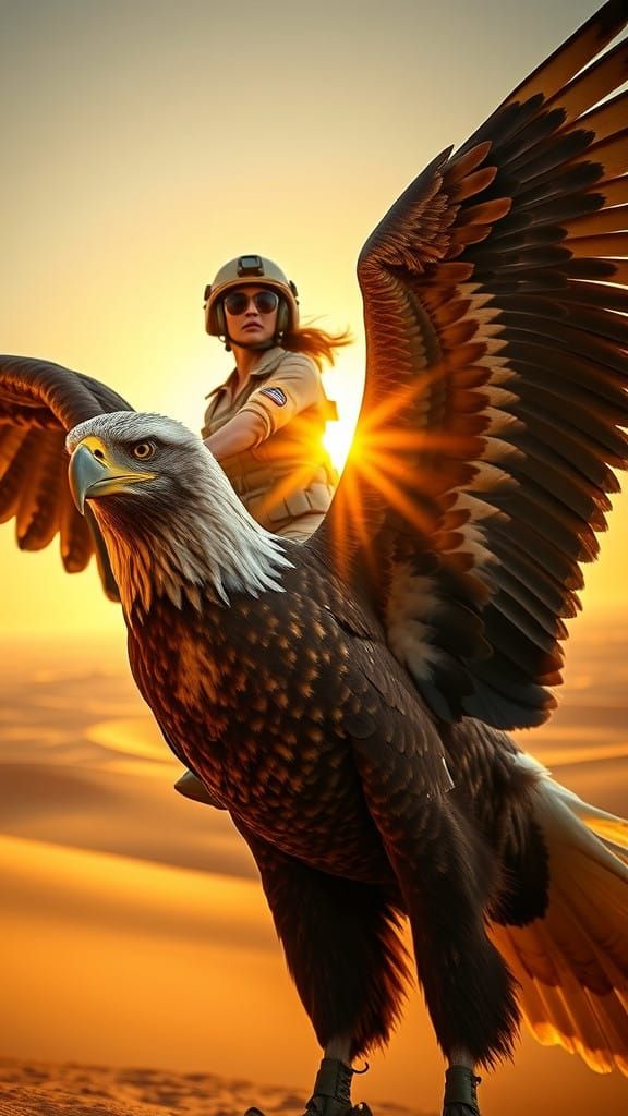 Surreal Patriotism: Female Soldier Rides Giant Eagle in Hype...