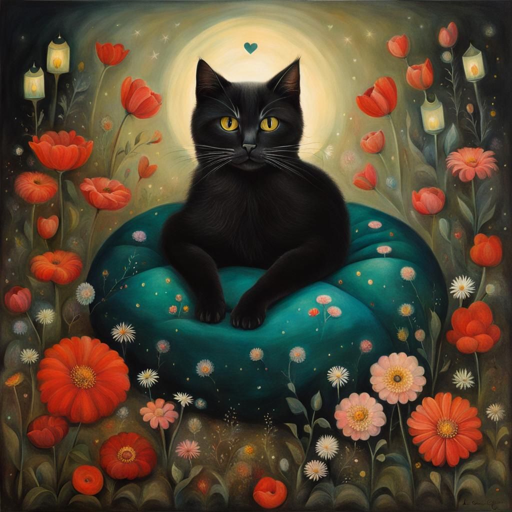 Cat Surrounded by Flowers in Surrealist Style