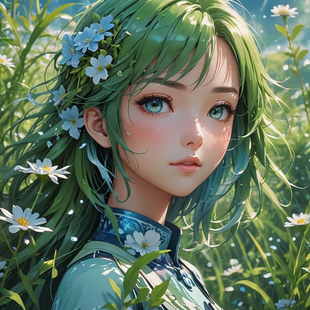 Anime Girl in Meadow with Lush Details