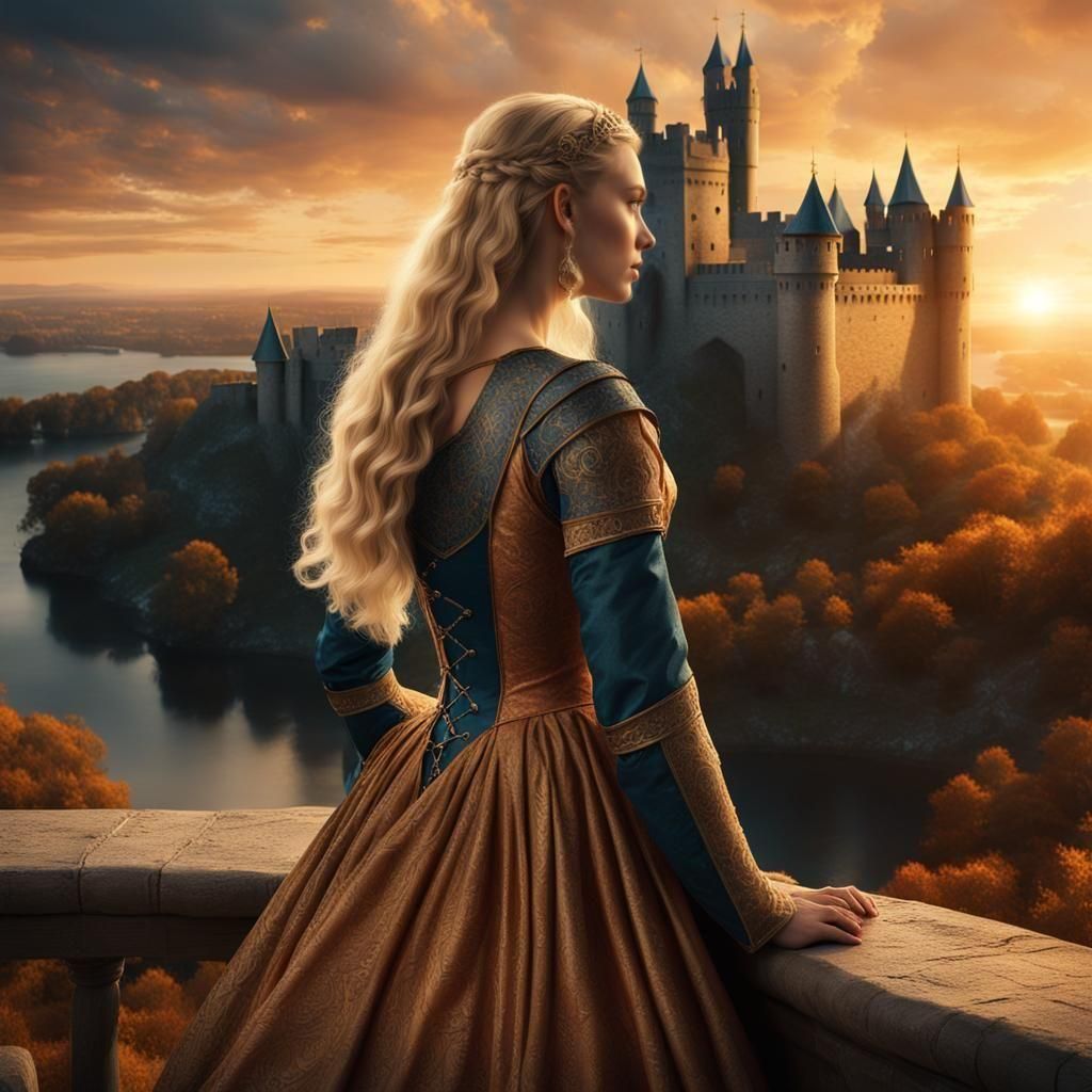 Medieval Woman Gazing at Sunset: Fantasy Art