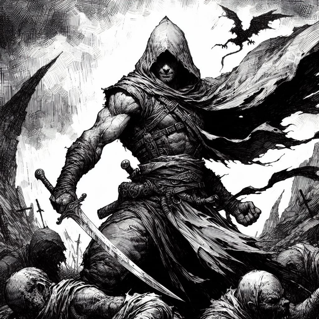 Heroic Middle-Eastern Warrior in Ink Drawing Style