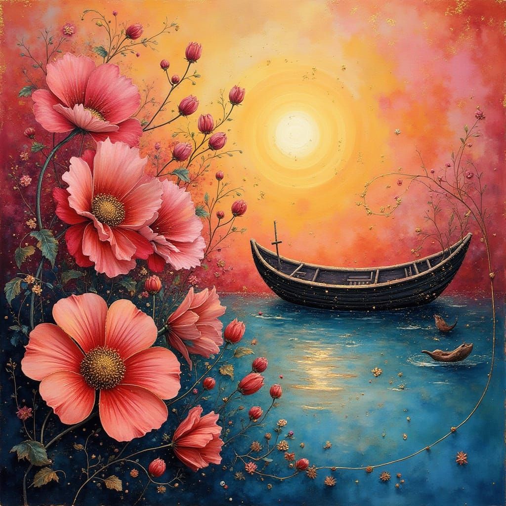 Surreal Impressionistic Boat Amidst Abstract Flowers