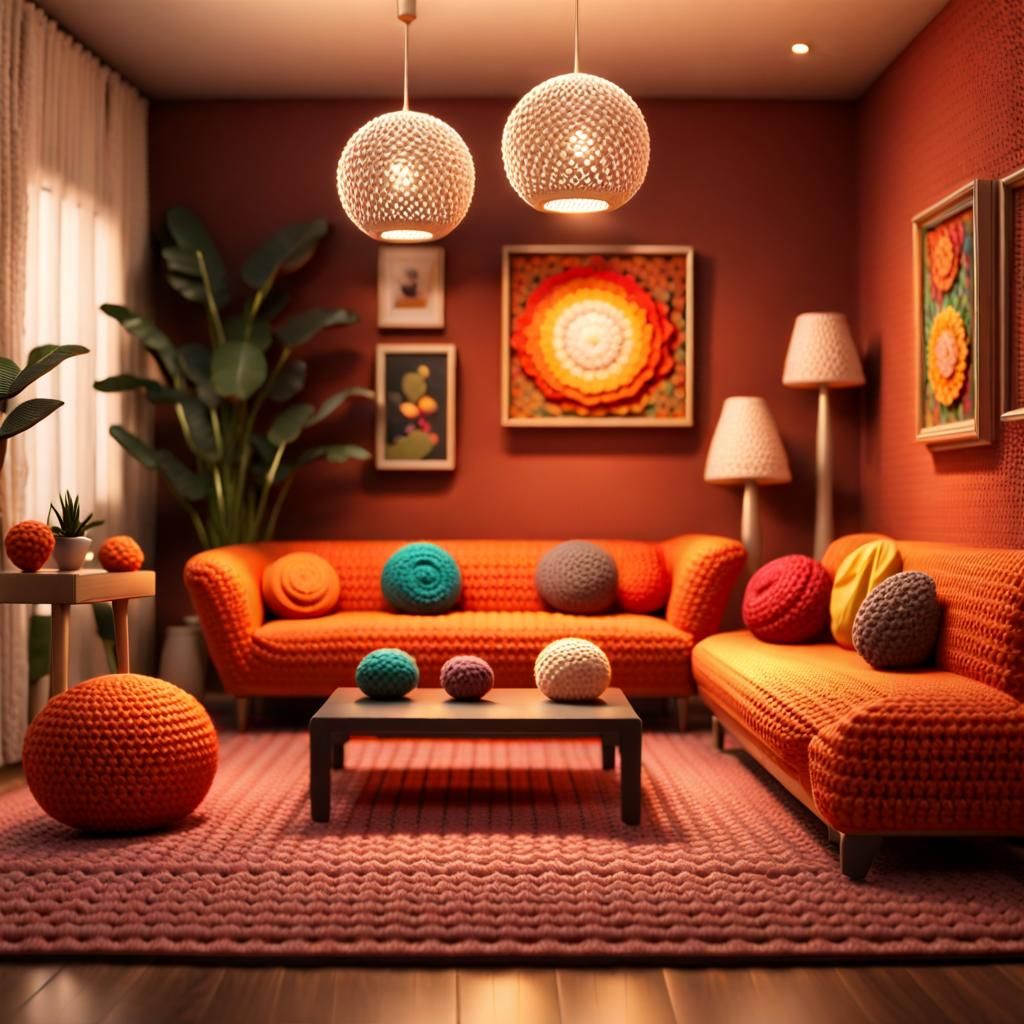 Elegant Crocheted Modern Living Room Diorama