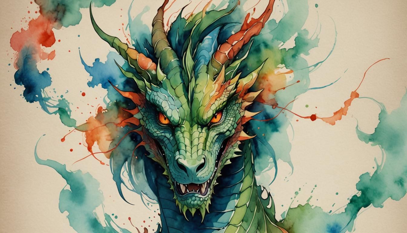 Minimalist Dragon Line Art with Fiery Watercolor Background