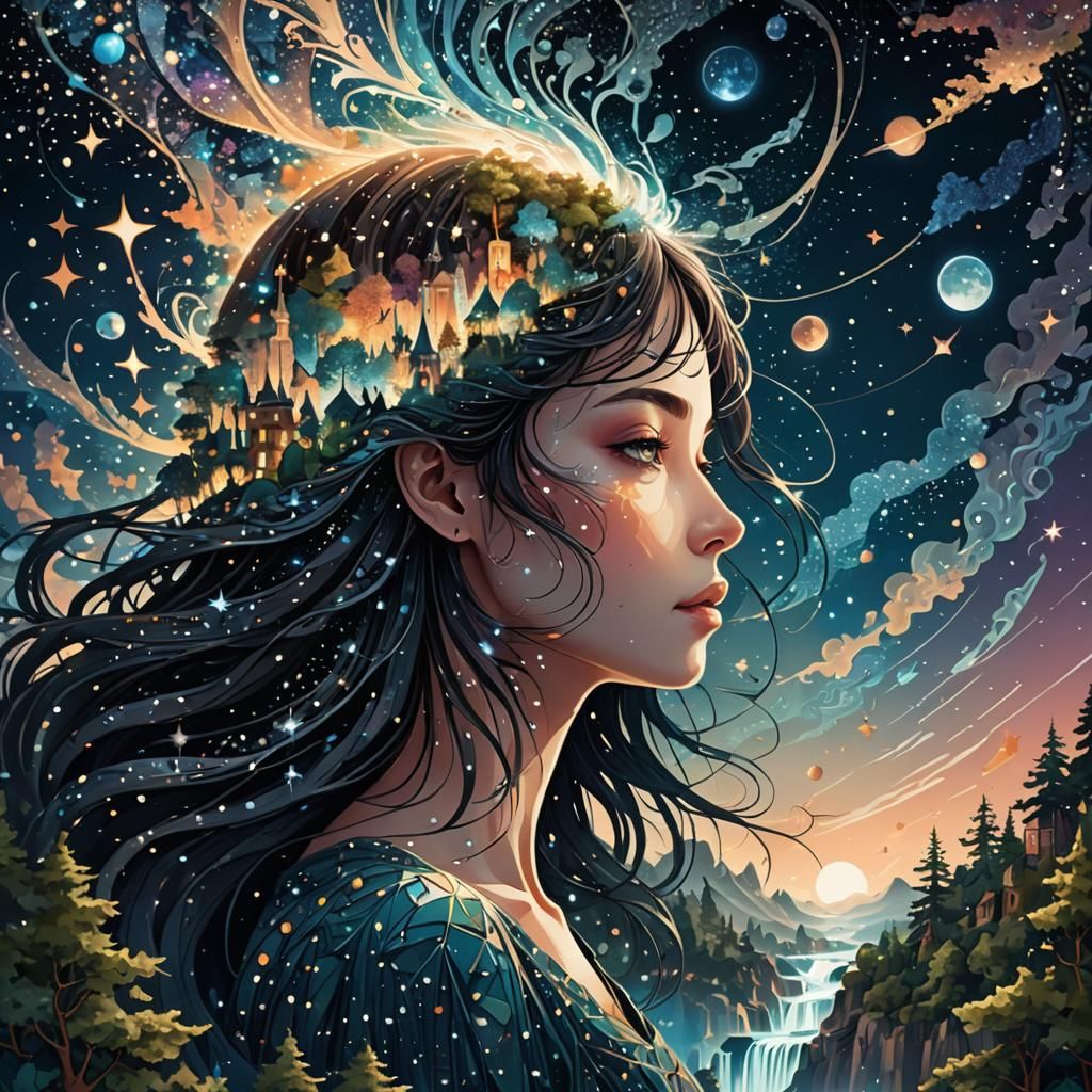 Celestial Girl Merges with Earth in Surreal Dreamscape