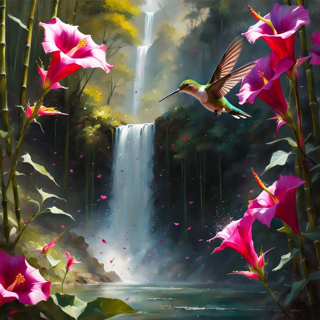 Hummingbird Feeds Among Morning Glories: Matte Painting