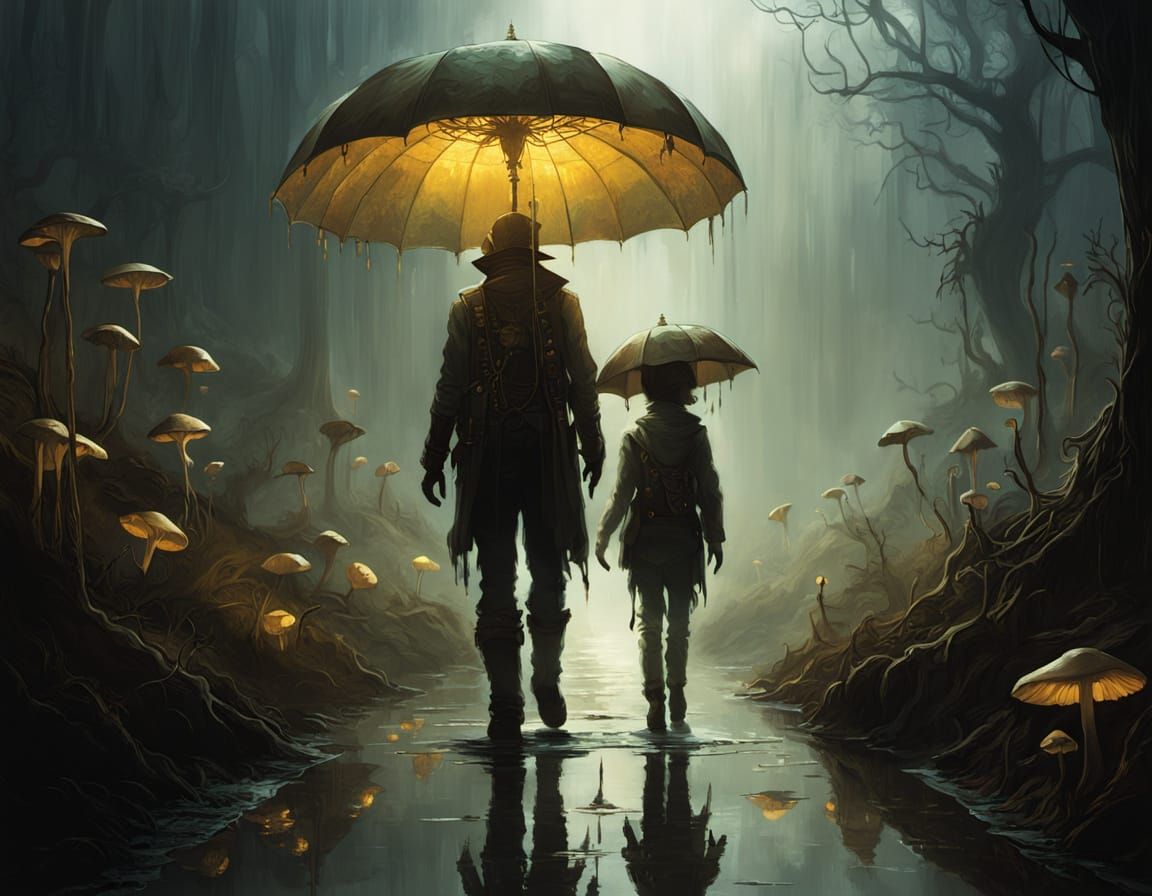 Children in Rain with Luminous Umbrella in Steampunk Dark Fa...