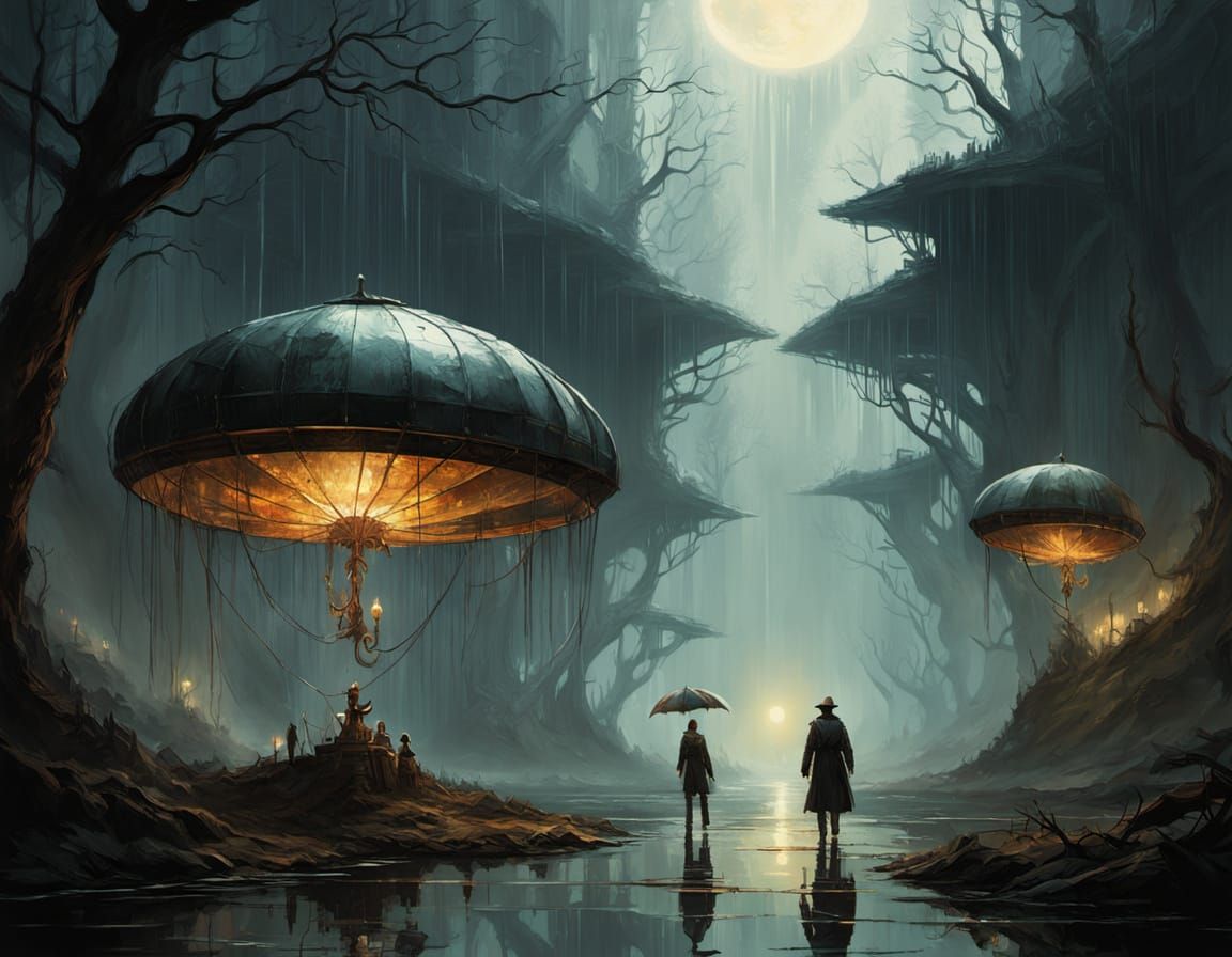 Steampunk Dirigible Over Forest in Chiaroscuro