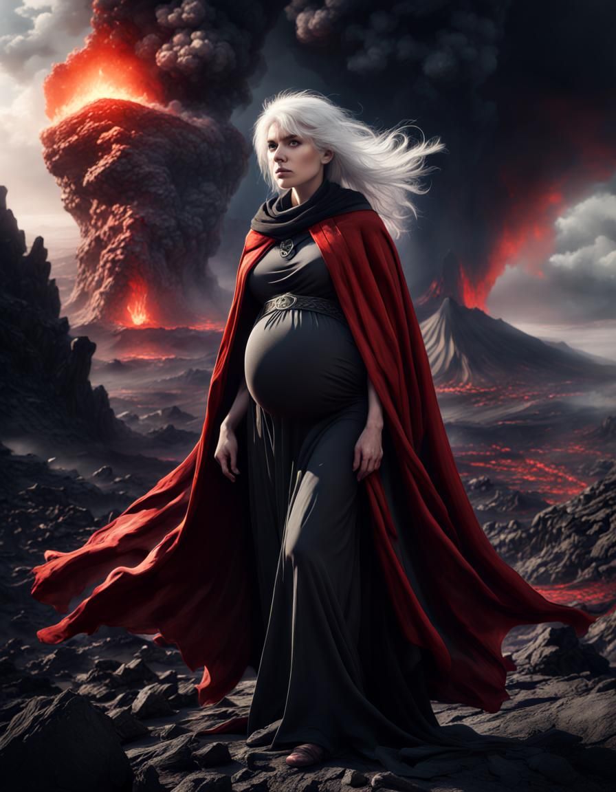 Pregnant Ranger in Volcanic Landscape
