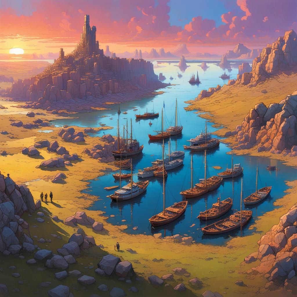 Fantasy Harbor Sunset: Matte Oil Painting