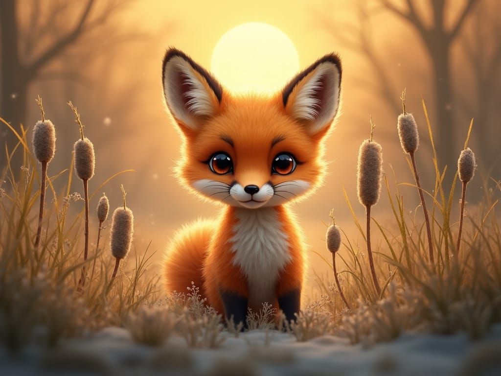 Whimsical Baby Fox in Magical Forest, Digital Painting