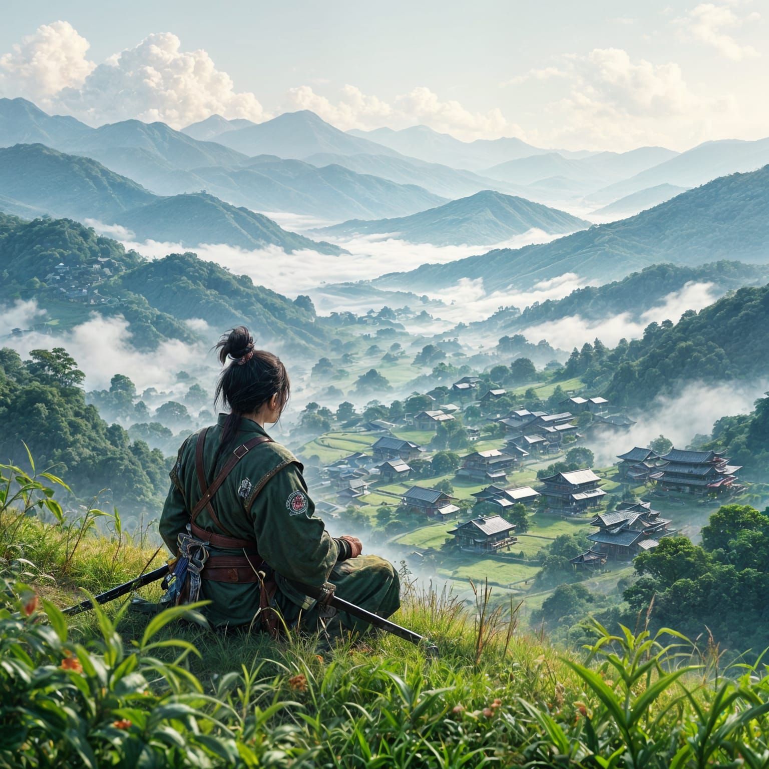 Young Japanese Warrior Overlooks Village in Cinematic Style