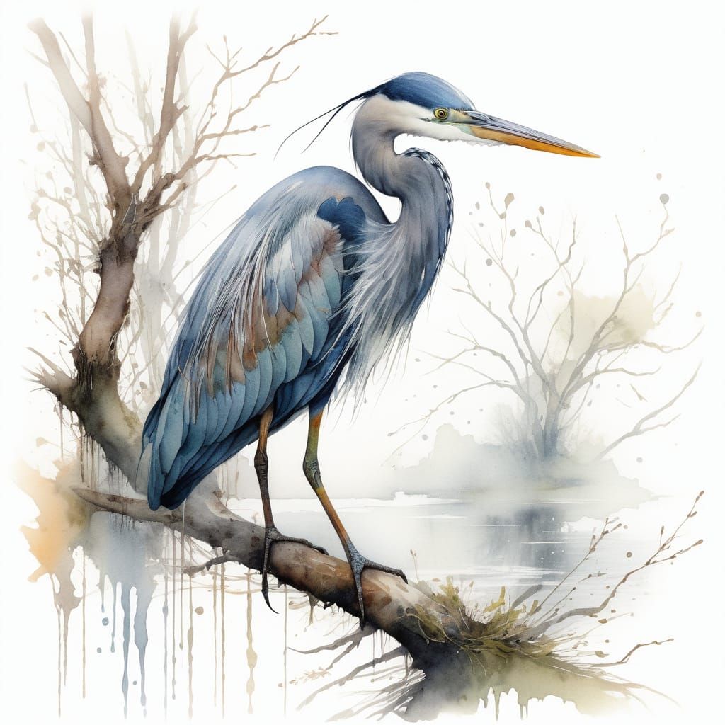 Misty Woodland Heron Perched on Willow, Watercolour Style