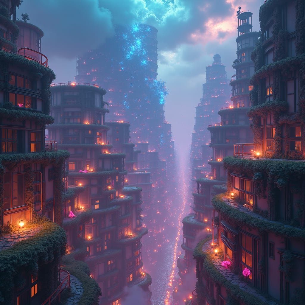 Dreamlike Cityscape with Brain Neurotransmitters