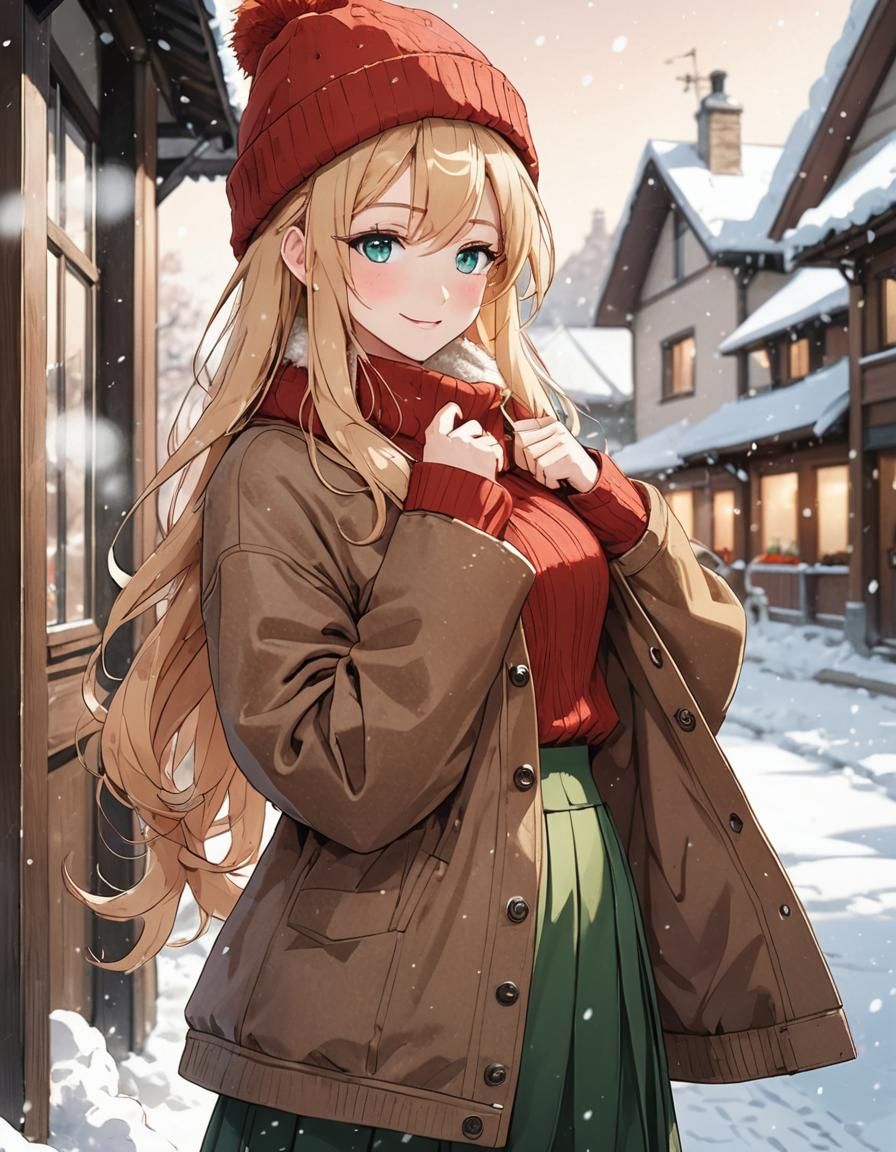 Anime Girl in Winter Outfit with Snowy Background