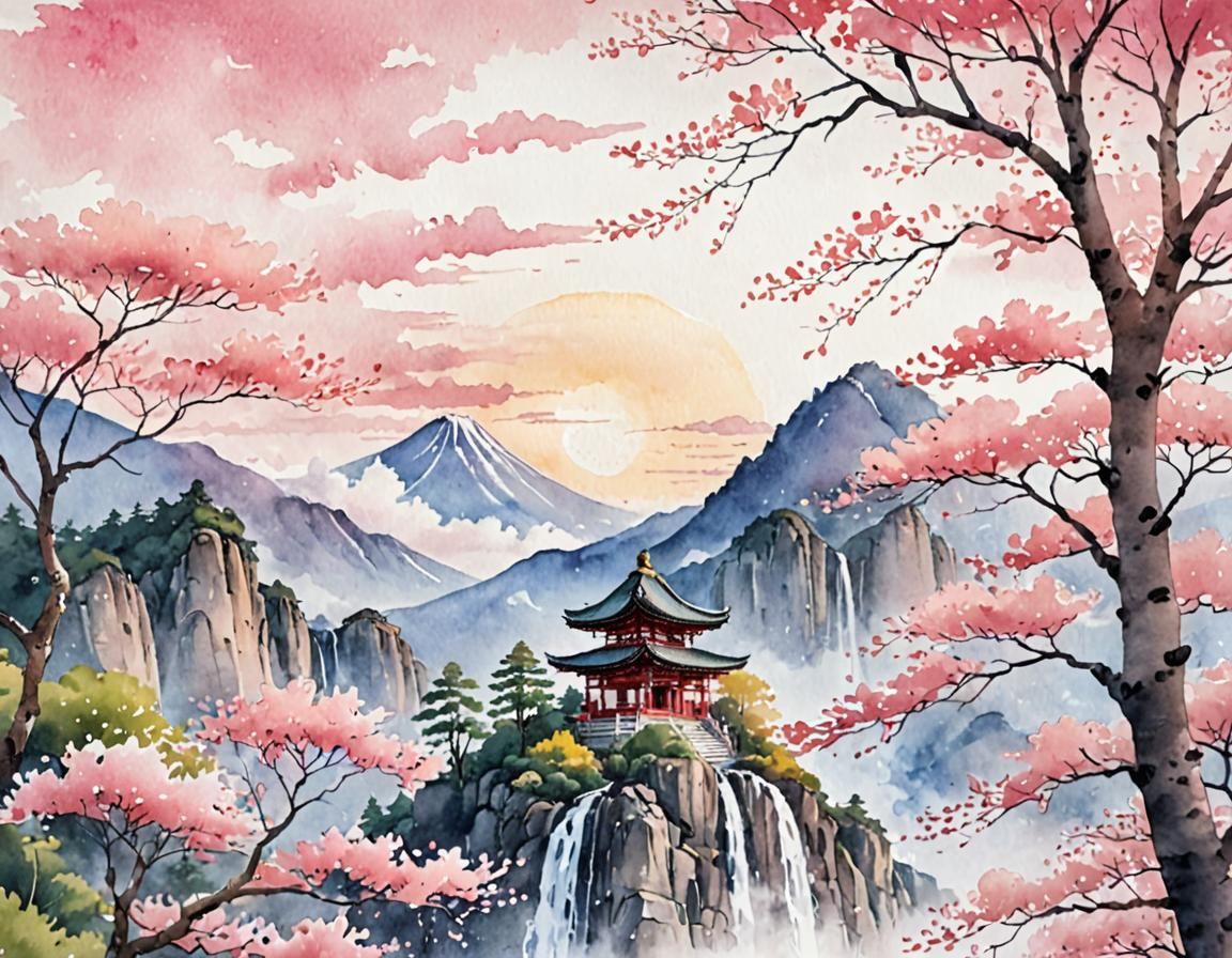 Watercolor Temple with Ginkgo Tree and Sunrise