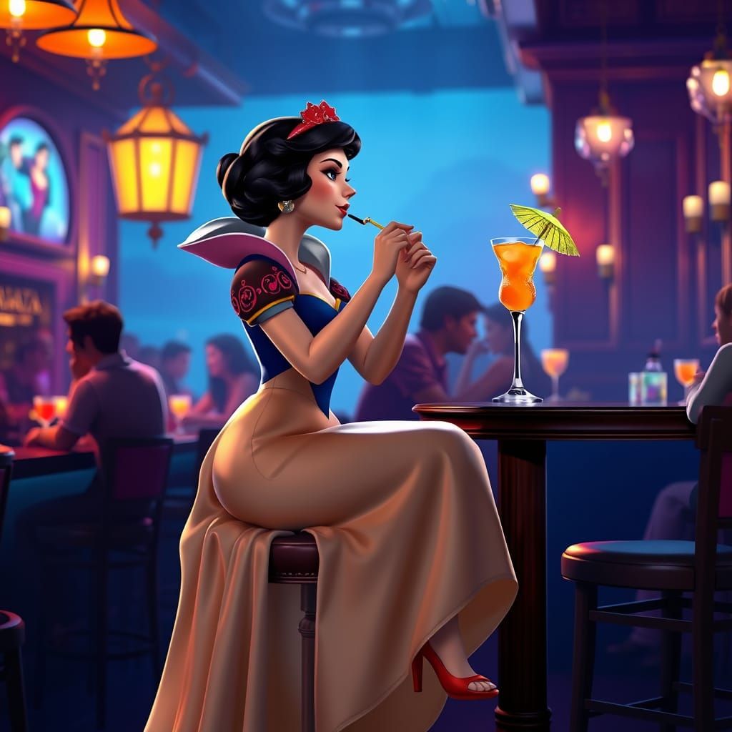 Elegant Snow White Sips Margarita in Upscale Pub