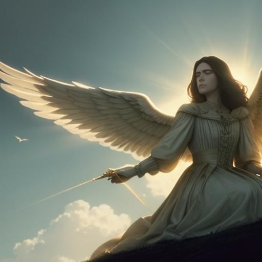 Angel Kneeling on Cloud in Golden Light