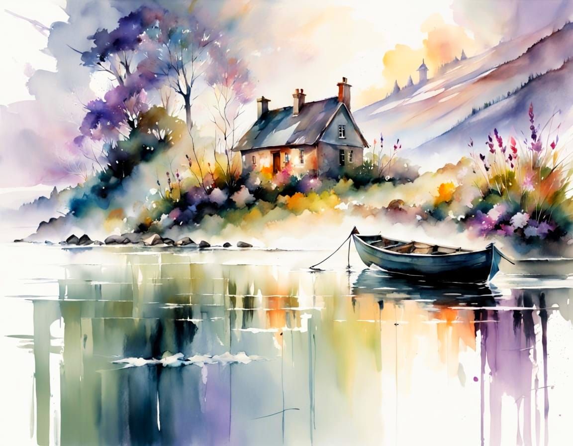 Misty Loch Scene in Watercolor Style