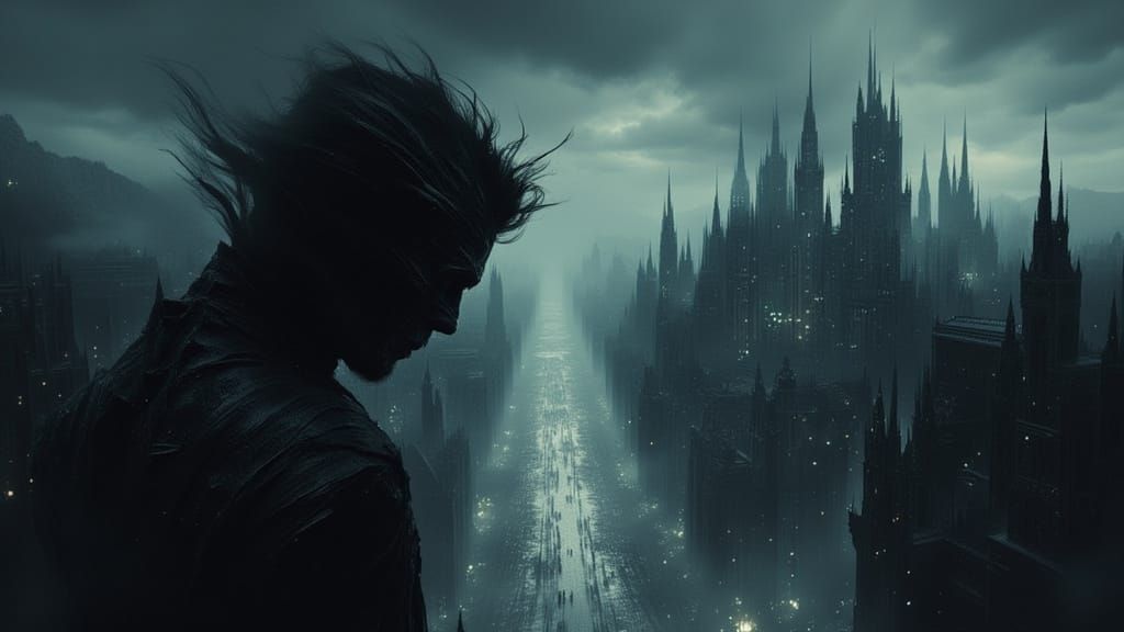 Dark Cityscape Portrait in Splash Art Style