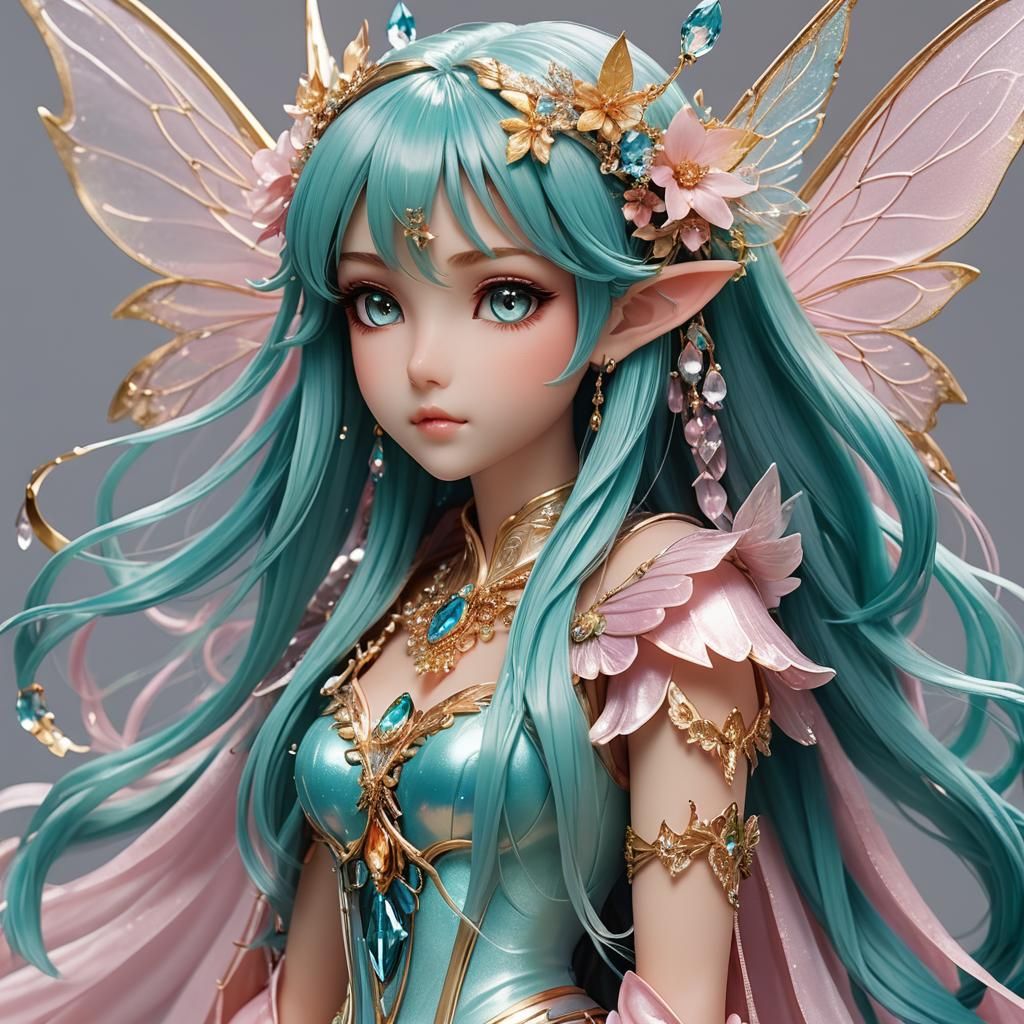 Anime Fairy Woman with Cat in Lush Forest