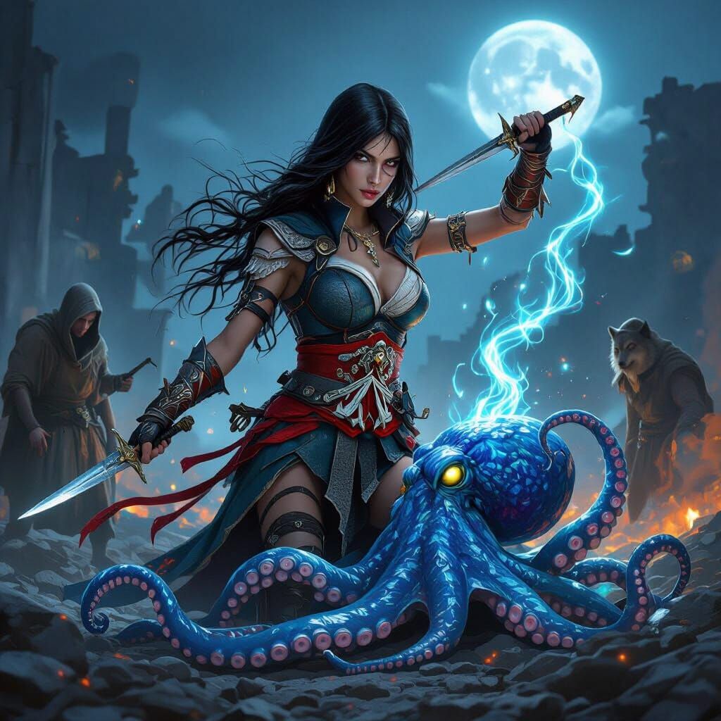 Assassin Victorious Over Octopus in Ruined City
