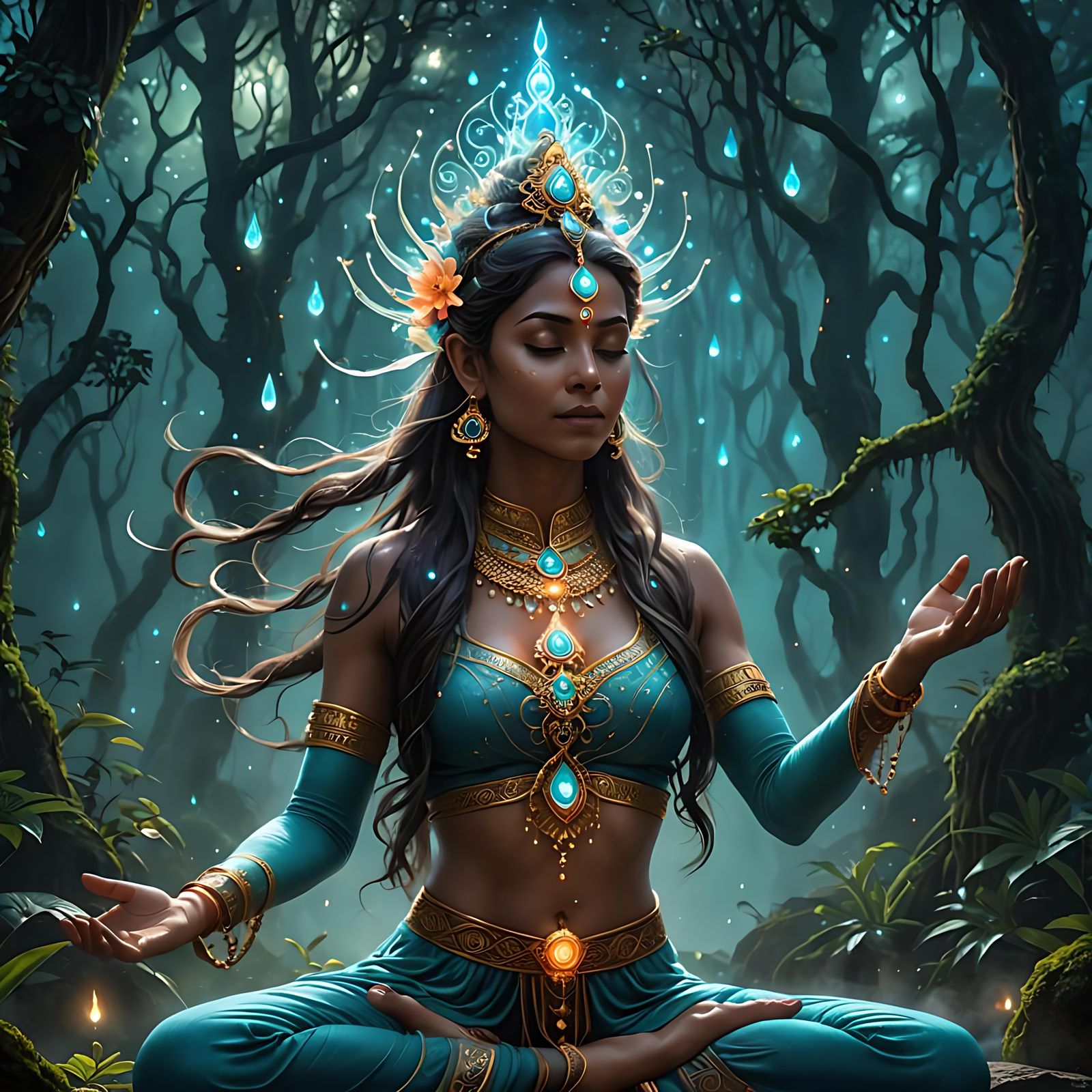 Levitating Yogini in Bioluminescent Mist: DMT Art