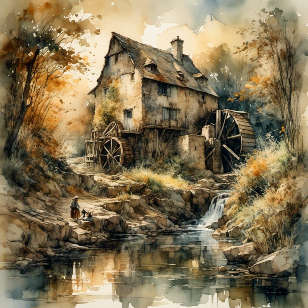Historic Watermill in Evening Light, Gouache Watercolor