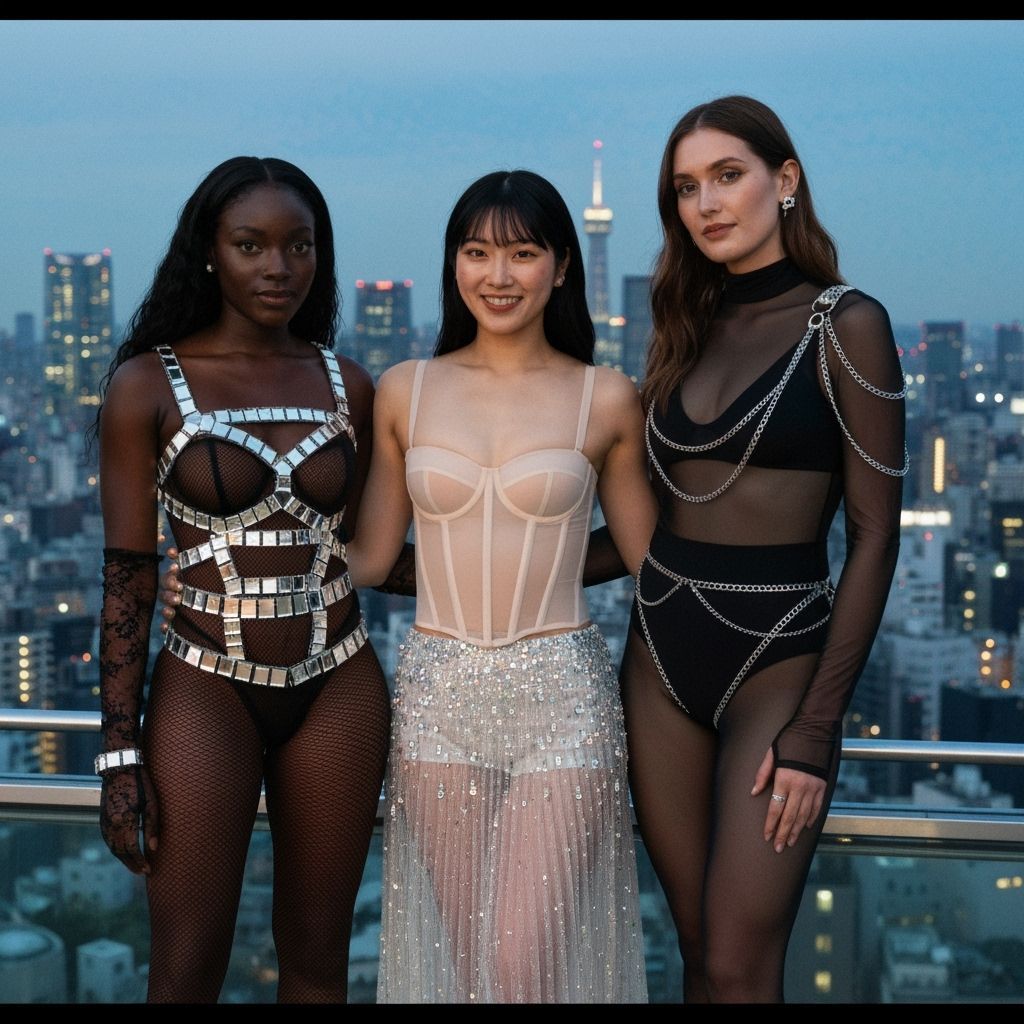 Diverse Women Posing on Tokyo Rooftop at Twilight