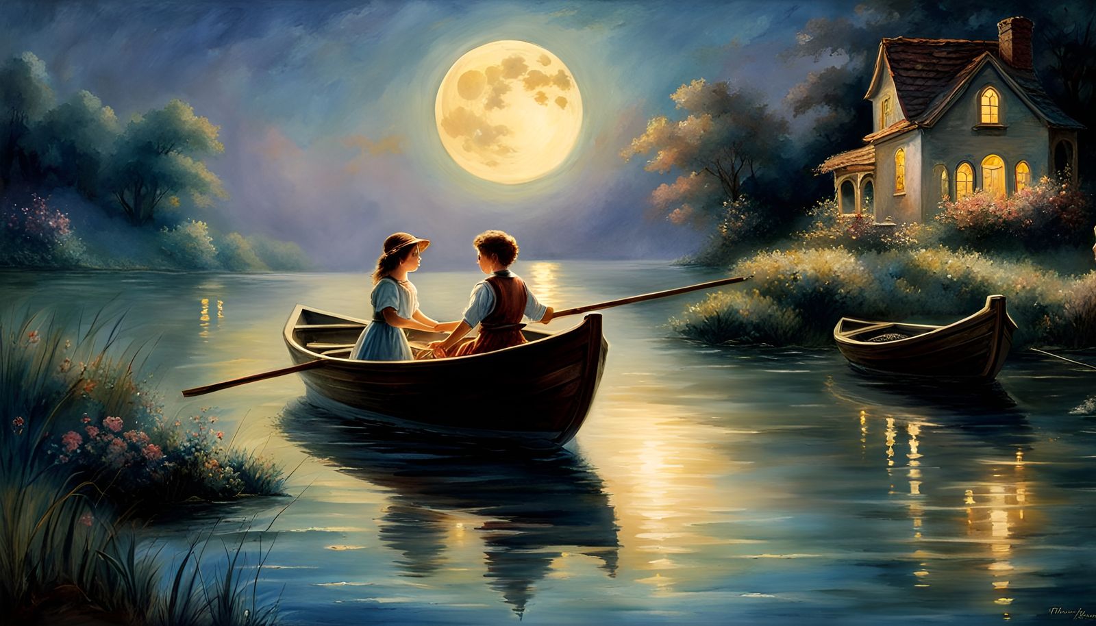 Moonlit Rowboat: A Folk Art Watercolor Painting