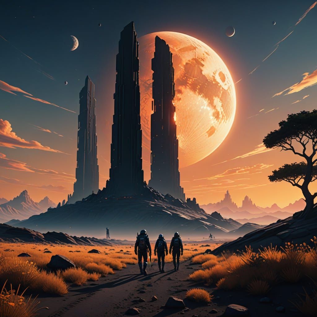Ethereal Moonlit Monuments in a Futuristic Fantasy Landscape