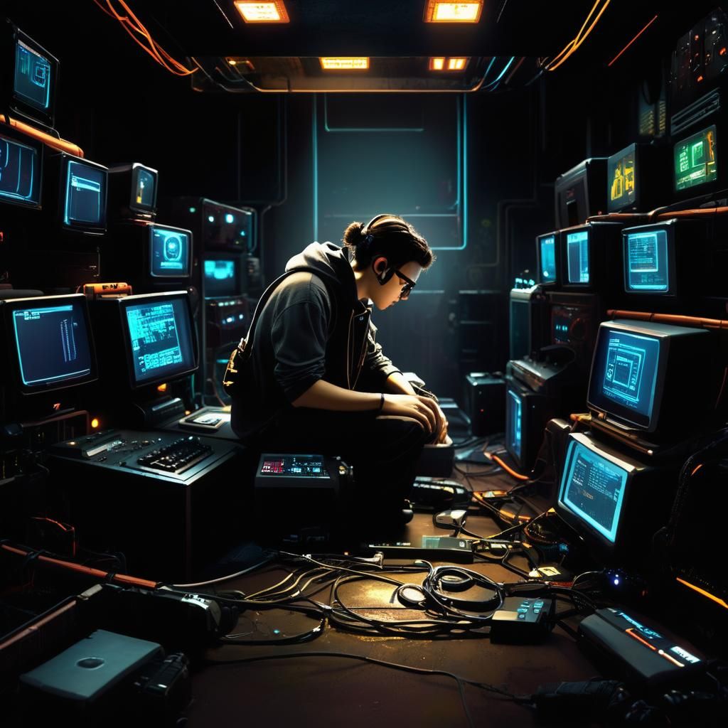 Cinematic Programmer in Dystopian Linux Lair Concept Art