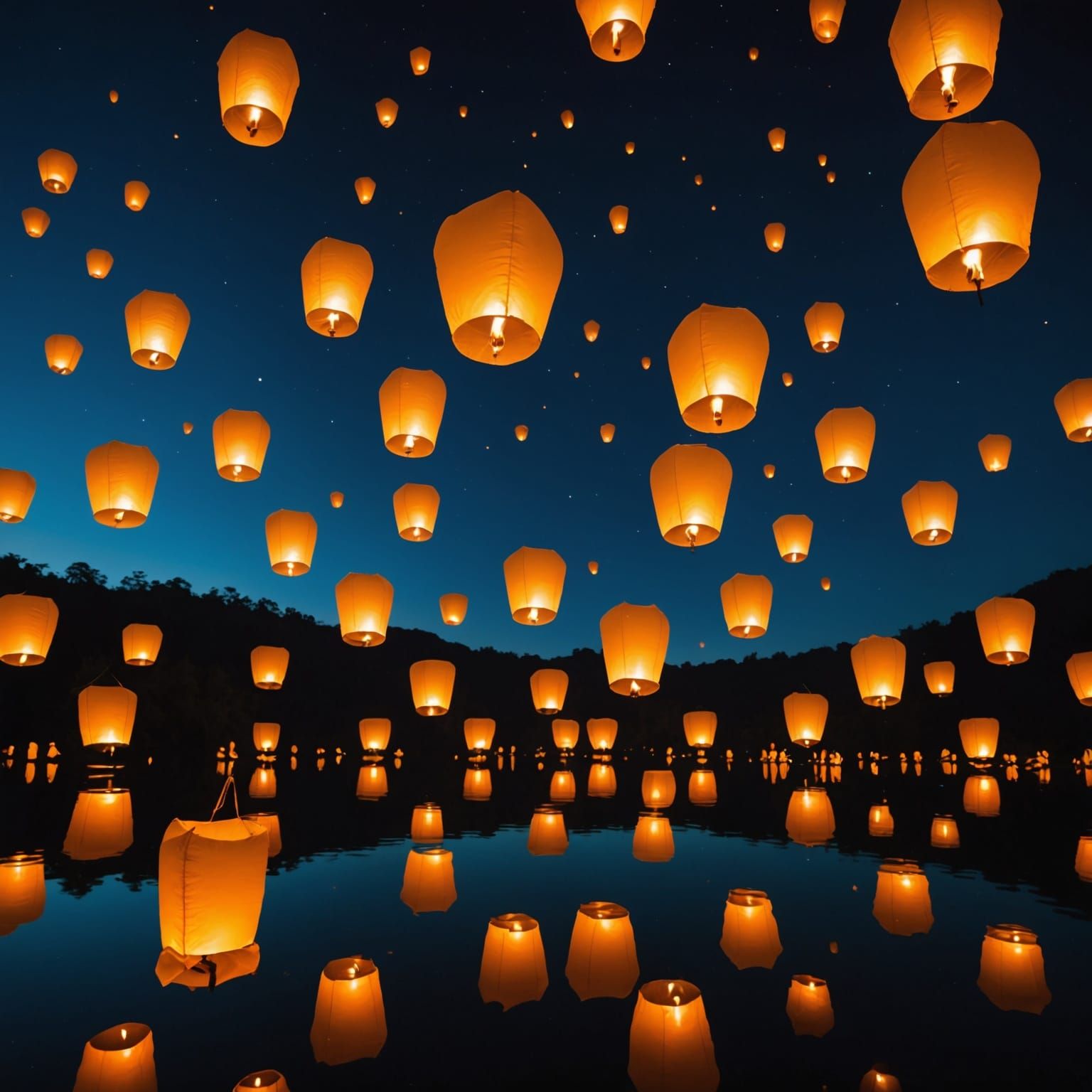 Kongming Lanterns Reflect on Night Lake